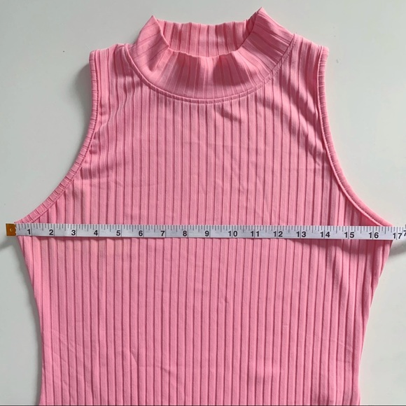 Bright Pink Ribbed Mock Neck Bodysuit with snap closure - Picture 4 of 5